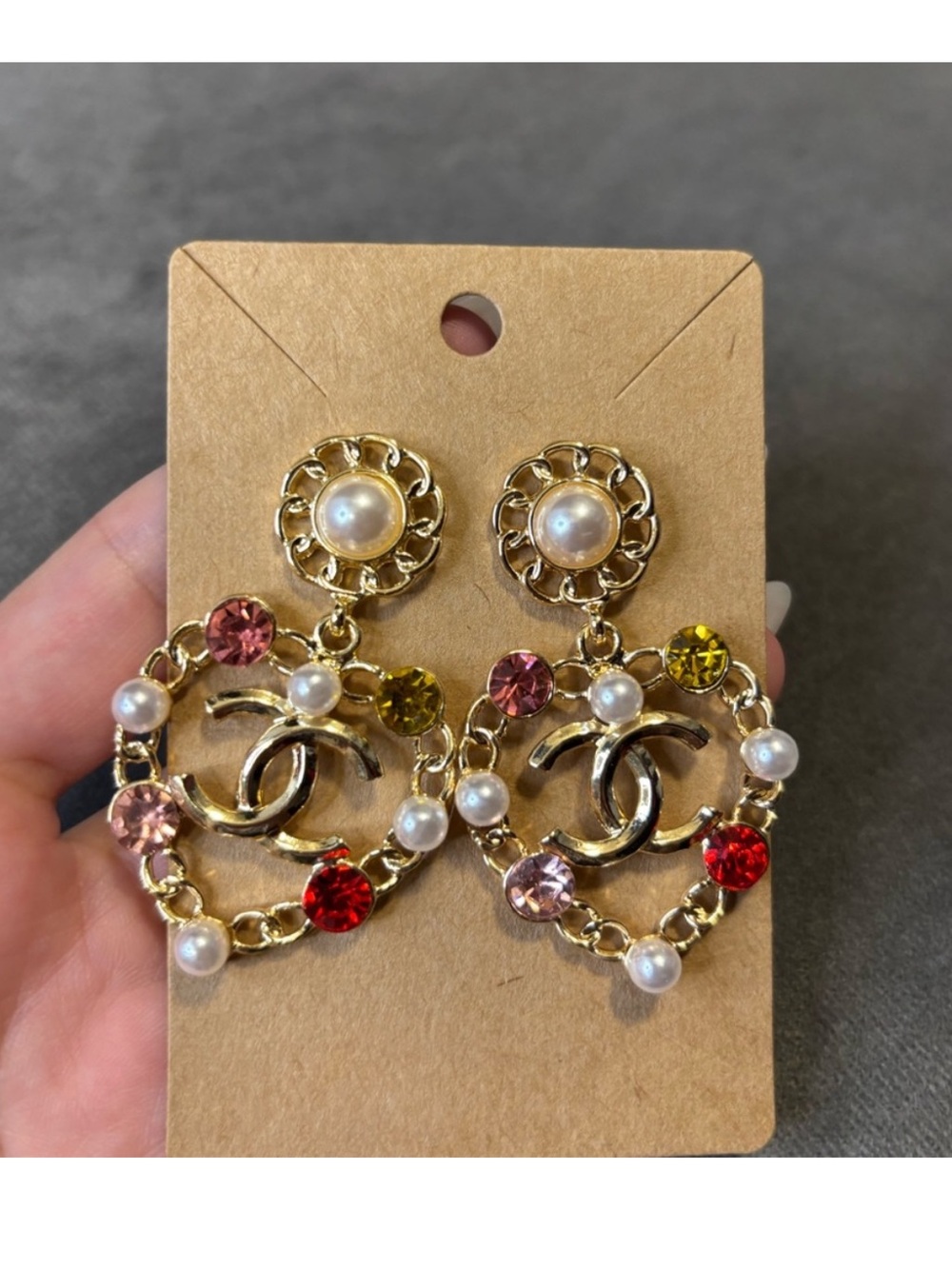 CHANEL Pearl & Multicolor Crystal Drop Earrings